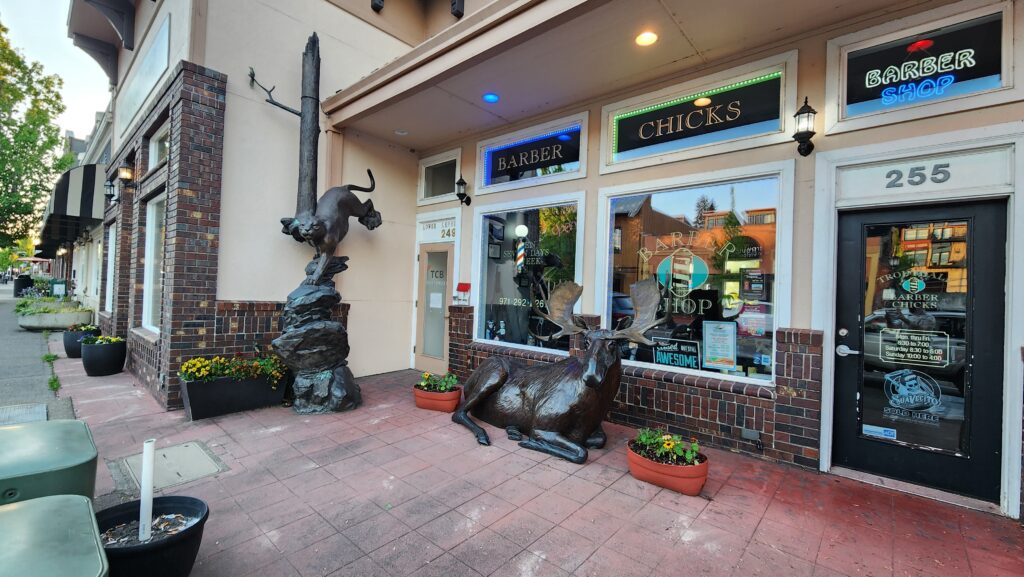 downtown troutdale statues, barber